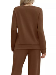 Brown casual long-sleeve top and pants set with drawstring detail.