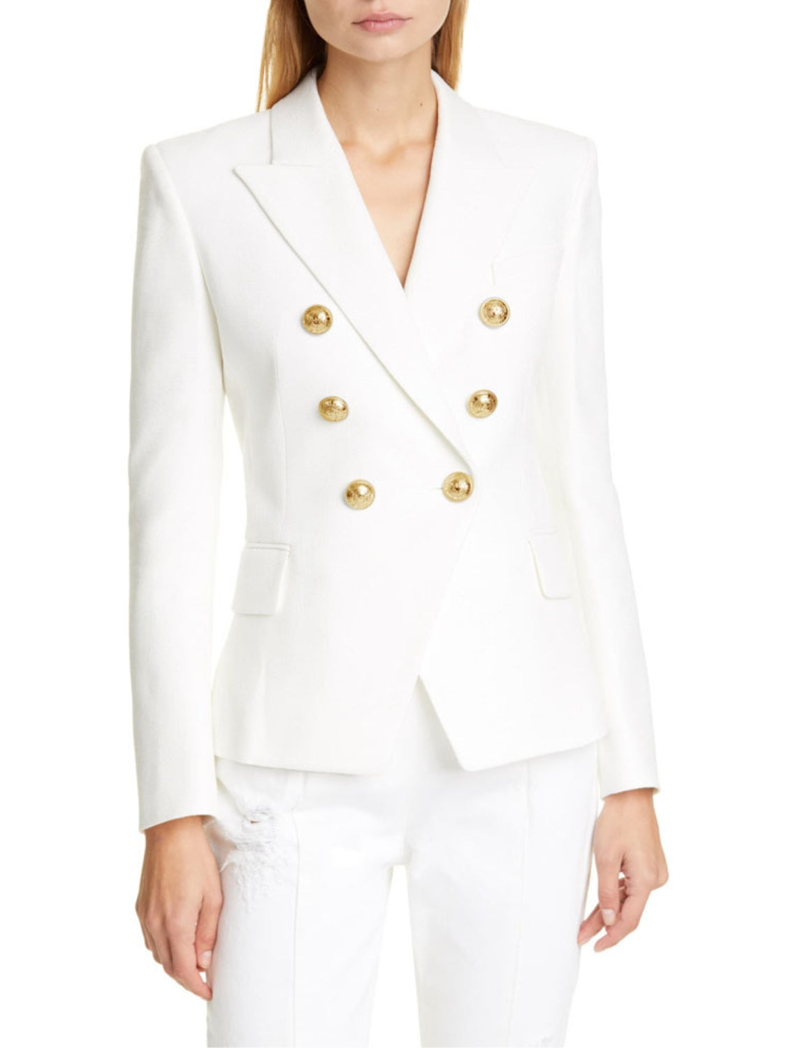 White double-breasted blazer with gold buttons and notched collar.