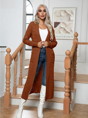 Chestnut cable knit maxi cardigan with pockets, acrylic, long sleeve, open front.