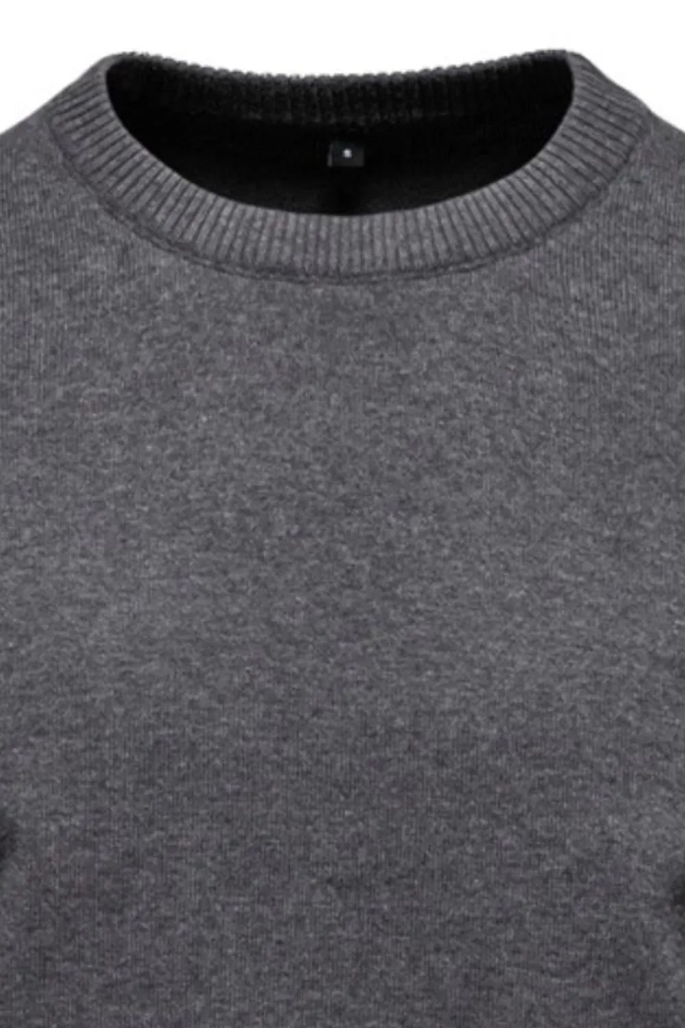Crew neck knit sweater in dark gray with ribbed collar and texture detail.