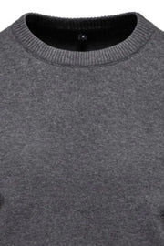 Crew neck knit sweater in dark gray with ribbed collar and texture detail.