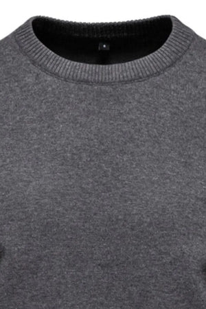 Crew neck knit sweater in dark gray with ribbed collar and texture detail.