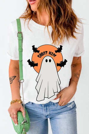 White Halloween ghost graphic tee with bats and text.