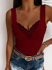 Burgundy ribbed tank top with lace V-neck detail
