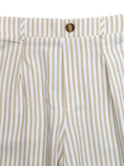 Chic striped two-piece set pants in tan and white cotton with button closure and pleats.