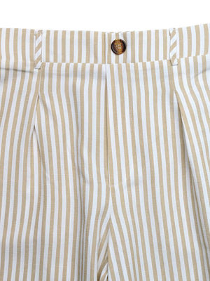 Chic striped two-piece set pants in tan and white cotton with button closure and pleats.
