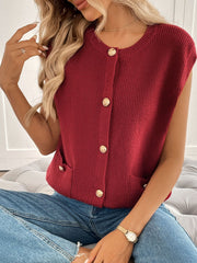 Burgundy ribbed knit vest with gold buttons and pocket details.