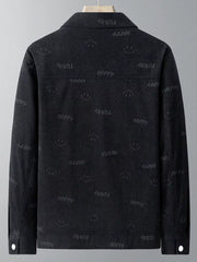 Black corduroy jacket with all-over smiley face and happy text pattern