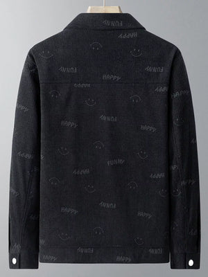 Black corduroy jacket with all-over smiley face and happy text pattern