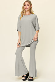 Light Gray oversized tee and flare leg pants set.