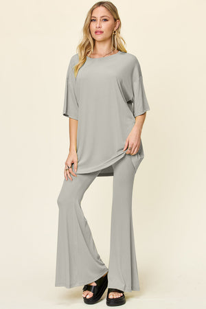 Light Gray oversized tee and flare leg pants set.