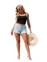 Frayed Hem Cutout Denim Shorts