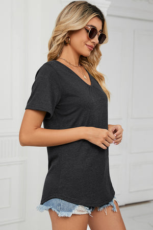 Heathered dark gray V-neck t-shirt with short sleeves and a curved hem