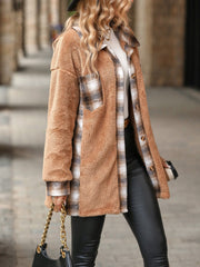 Brown teddy shacket with plaid accents, button front, and chest pocket detail.