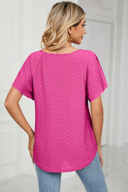 Hot Pink eyelet blouse with flutter sleeves and a scoop neck.