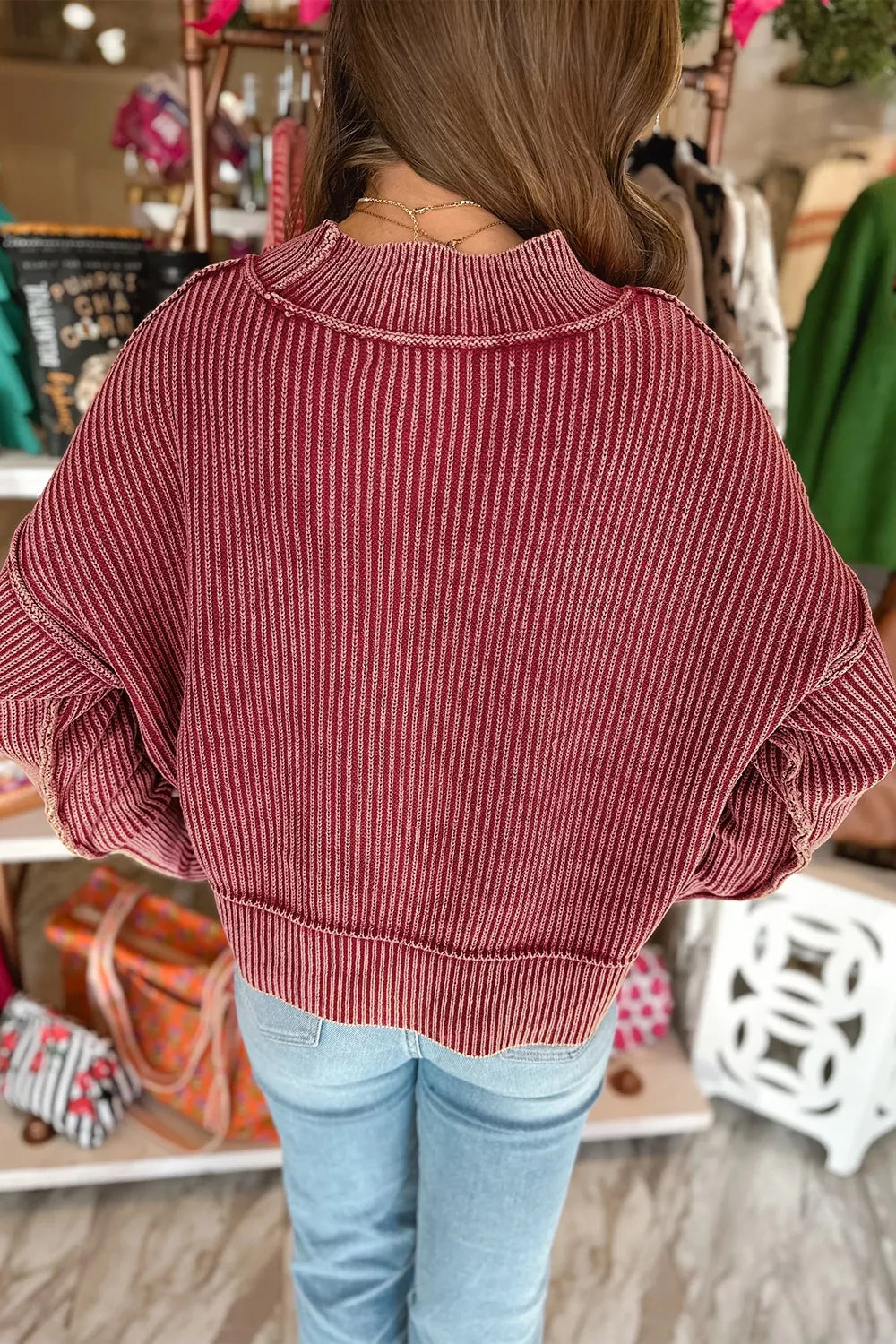 Drop Shoulder High Neck Ribbed Sweater in Burgundy, close-up detail