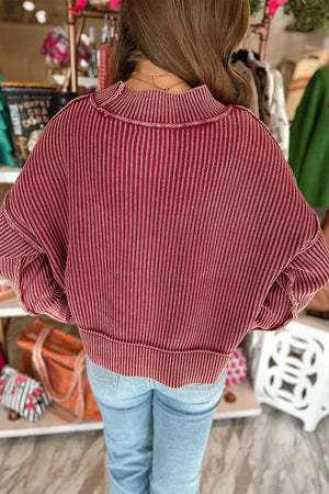 Drop Shoulder High Neck Ribbed Sweater in Burgundy, close-up detail