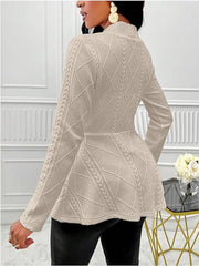 Tan textured knit peplum blazer with cable knit details and a diamond pattern.