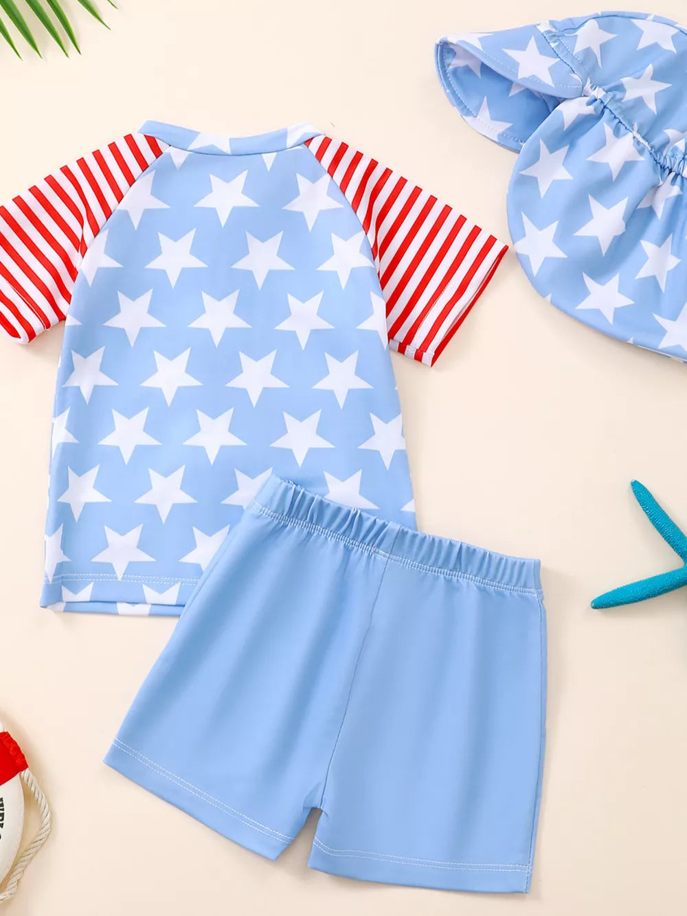 Children's Patriotic Star Print Swim Set With Hat, back view