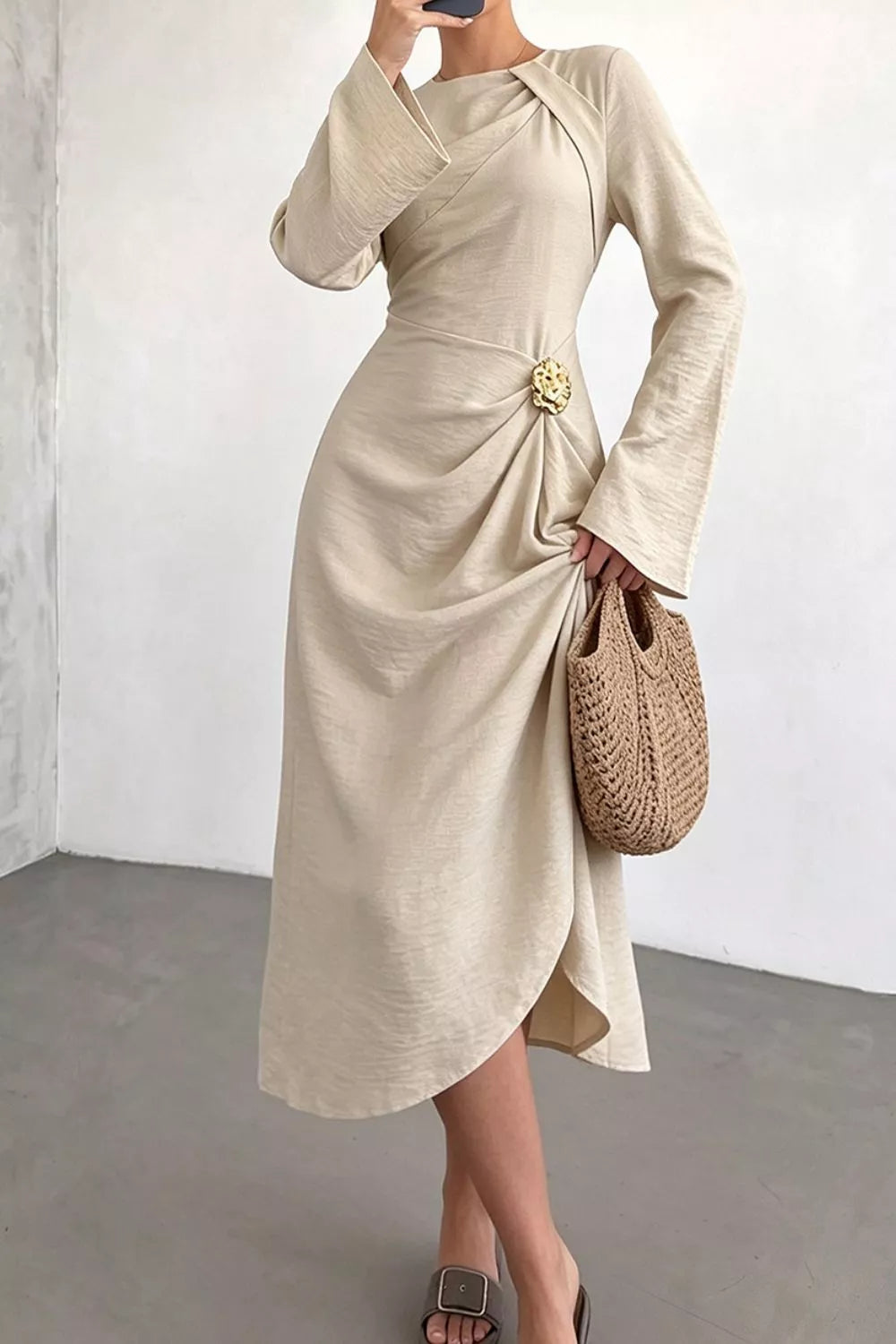 Ruched Long Sleeve Midi Dress in Beige, side view