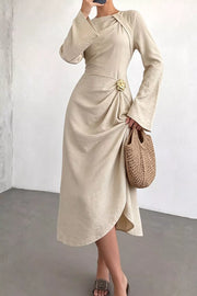 Ruched Long Sleeve Midi Dress in Beige, side view