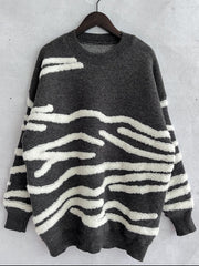 Dark gray acrylic crewneck sweater with textured white stripe pattern