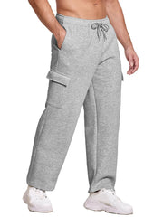 Gray fleece cargo joggers with drawstring waist and side pockets.