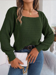 Dark green acrylic cable knit sweater with square neckline and balloon sleeves
