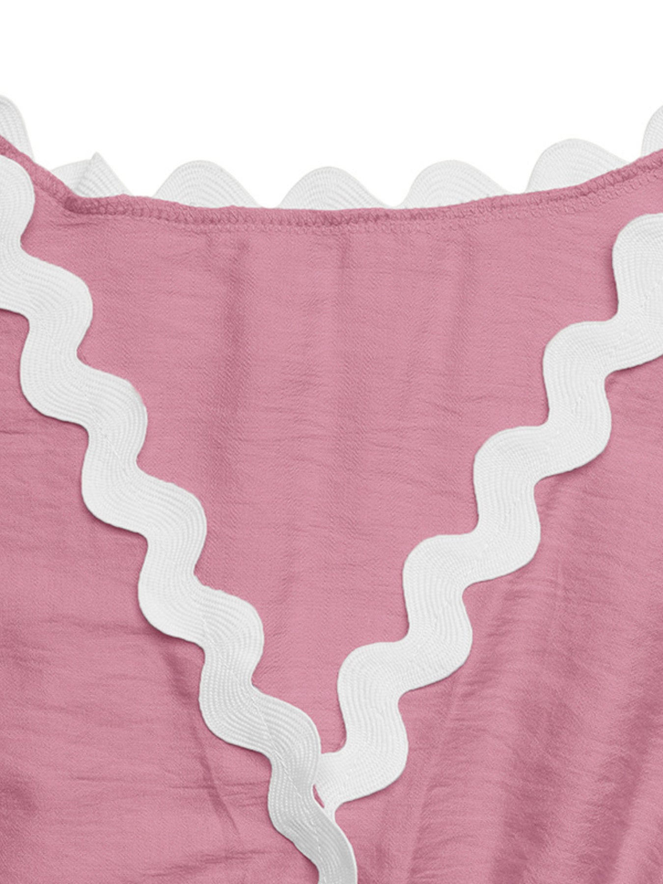 Pink maternity romper cover-up with white scalloped trim detail