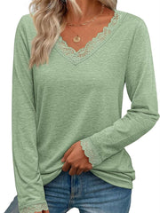 Lace trim long sleeve t-shirt in Gum Leaf with V-neck and lace cuffs.