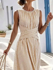 Full Size Striped Sleeveless Maxi Dress in Pink, model styling view