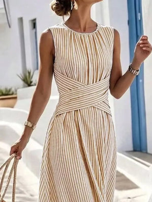 Full Size Striped Sleeveless Maxi Dress in Pink, model styling view