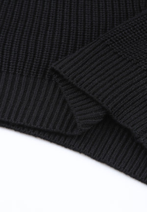 Black knit v-neck pullover sweater with ribbed texture and cuff detail.