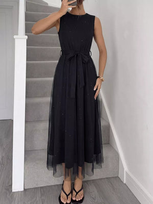 Black glitter tulle midi dress with sleeveless design and self-tie belt