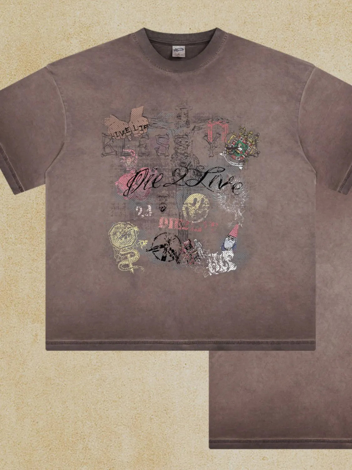 Mocha vintage wash t-shirt with graffiti-style graphic print including text and illustrations.