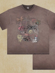 Mocha vintage wash t-shirt with graffiti-style graphic print including text and illustrations.