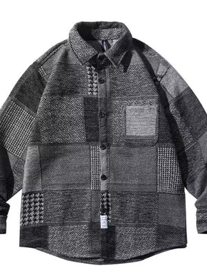 Men's Plus Size Plaid Patchwork Button Up Shacket in Blue, back view