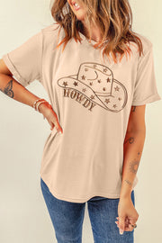 Tan graphic tee with a Howdy cowboy hat design and stars, short sleeves, crew neck.