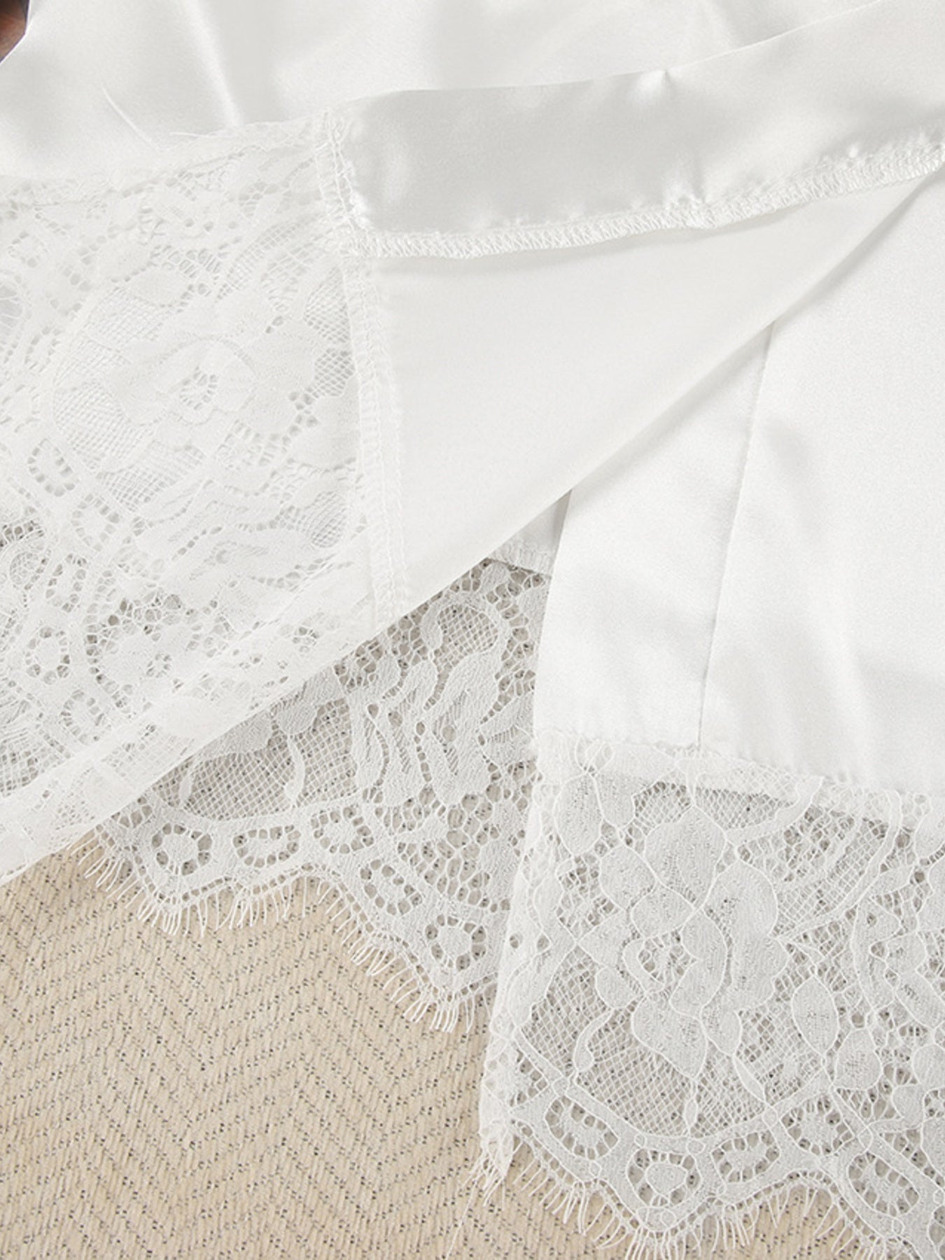 White satin loungewear set with delicate lace trim detail
