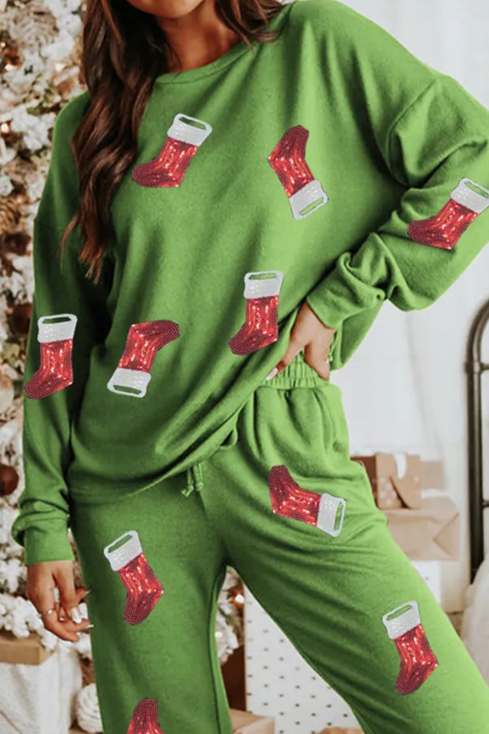 Matcha green loungewear set with festive stocking print.
