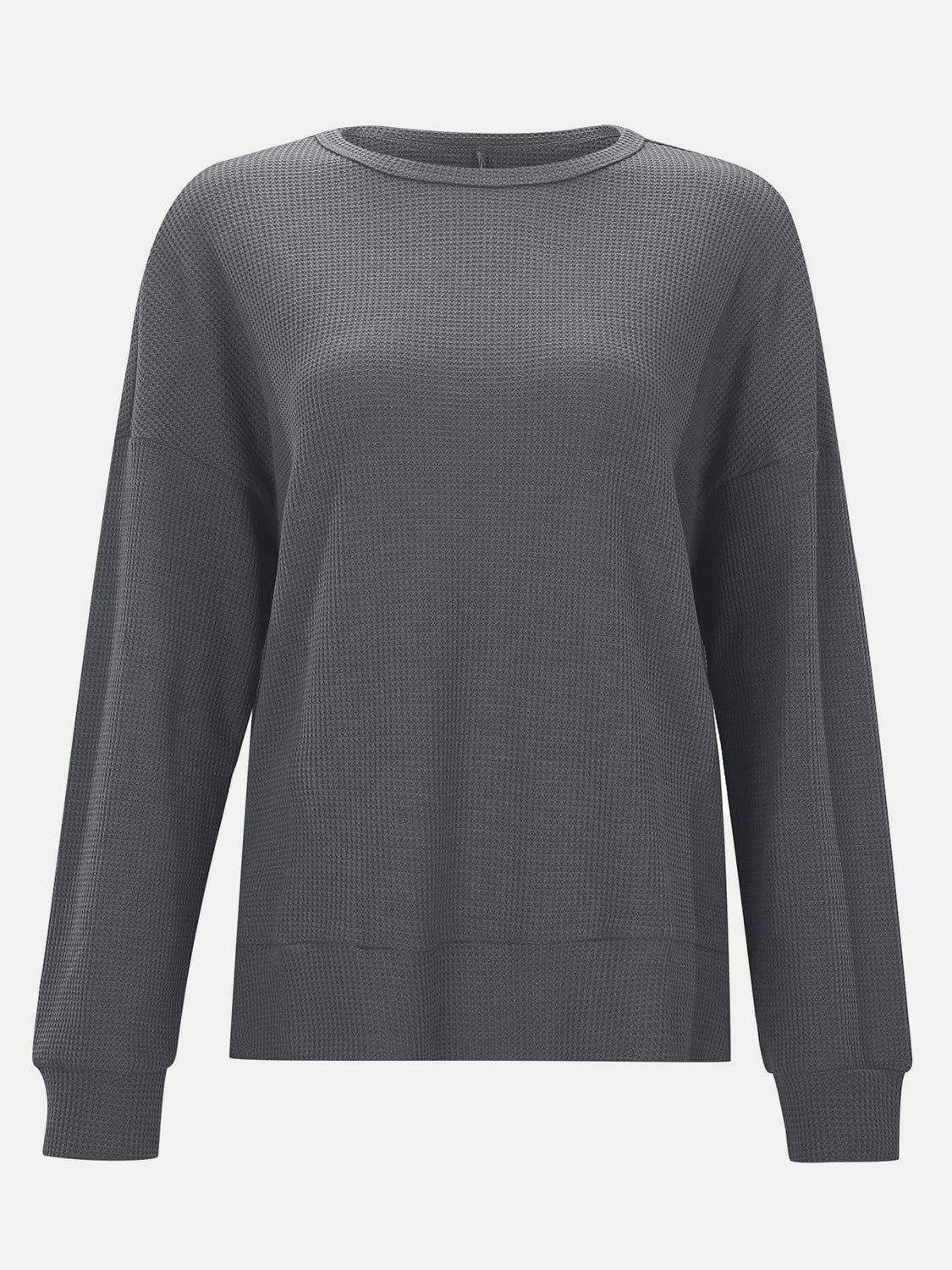 Dark Gray waffle knit crewneck top with relaxed fit and long sleeves.