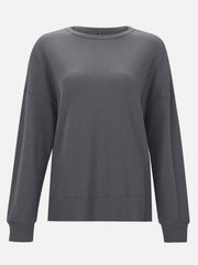 Dark Gray waffle knit crewneck top with relaxed fit and long sleeves.
