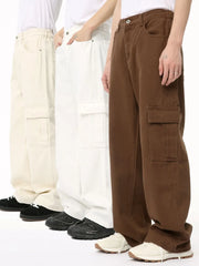 Brown cargo pants with multiple pockets, relaxed fit, and button fly.