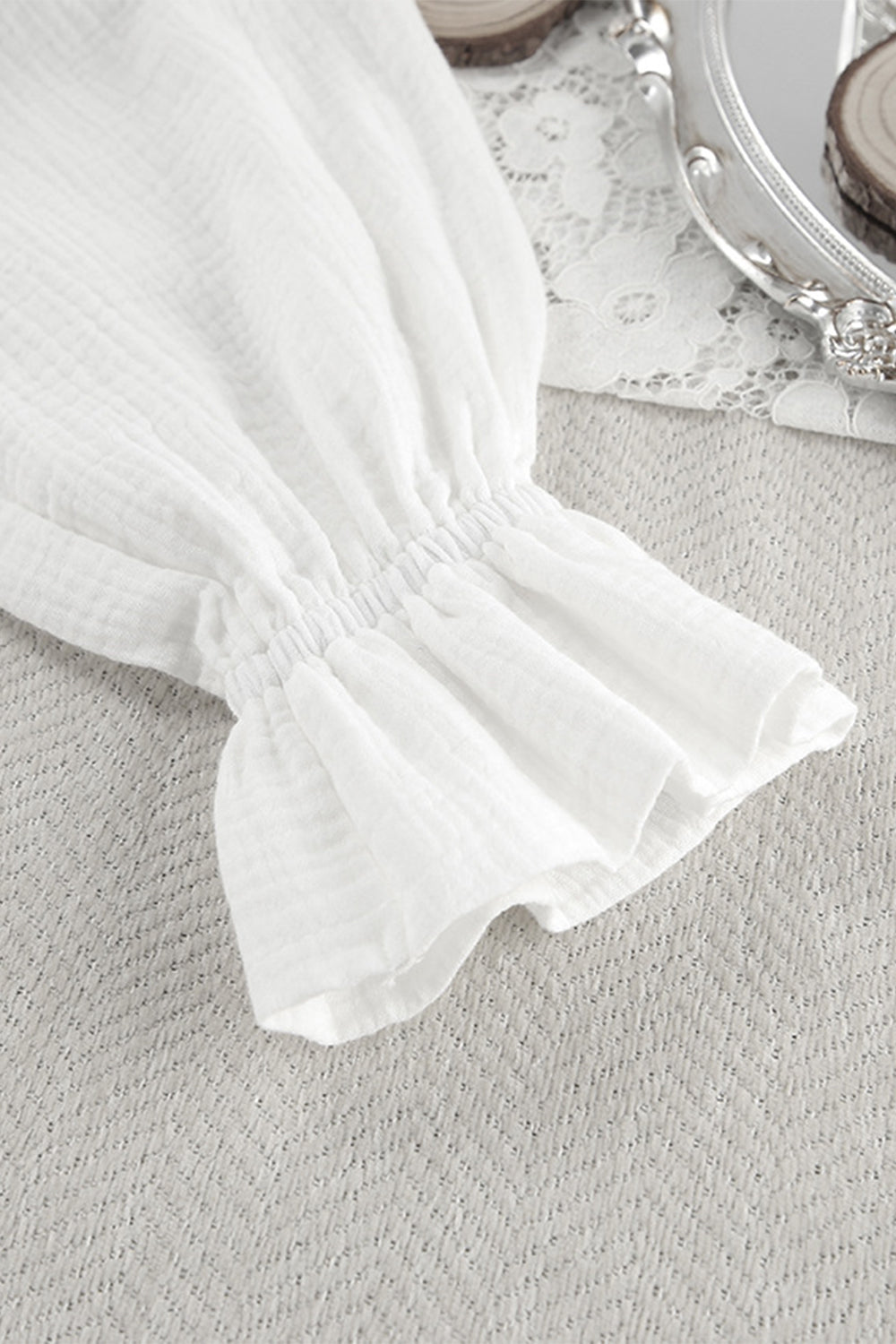 White gauze lounge set sleeve with elastic cuff and ruffled hem detail