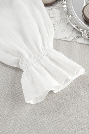 White gauze lounge set sleeve with elastic cuff and ruffled hem detail