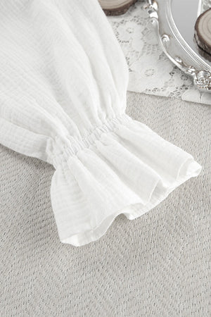 White gauze lounge set sleeve with elastic cuff and ruffled hem detail