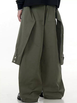 Army green wide-legged cargo pants with buttoned cuffs and large pockets.