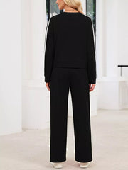 Striped Round Neck Sweatshirt And Pants Set in Black, editorial view
