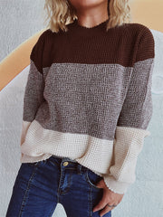 Colorblock textured knit pullover sweater with crew neck and long sleeves in brown, taupe, and cream.