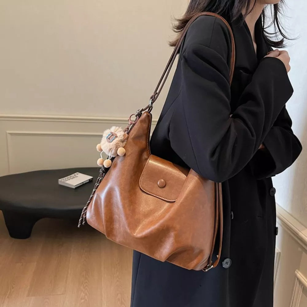Pu Leather Medium Shoulder Bag in Brown, back view